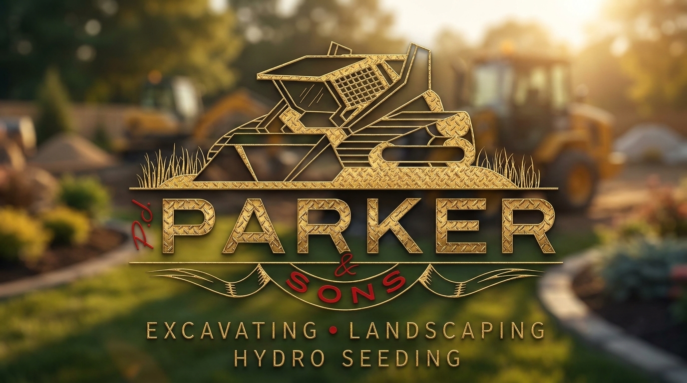 Parker & Sons excavating, landscaping, and hydroseeding mark over a softly focused jobsite